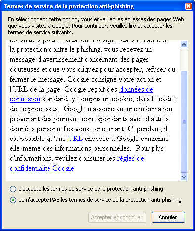 Termes de service de la protection anti-phishing de Firefox via Google
